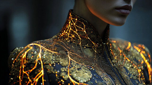 Stylish Fashion Illustration Featuring Detailed Golden Patterns on a Black Outfit