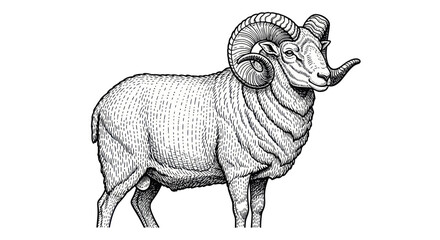Majestic Ram with Large Curled Horns, Detailed Black and White Illustration © rokok