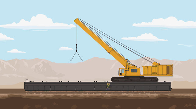 Defects No defects found. Yellow crane on a barge amid a desert landscape under a clear blue sky and hills