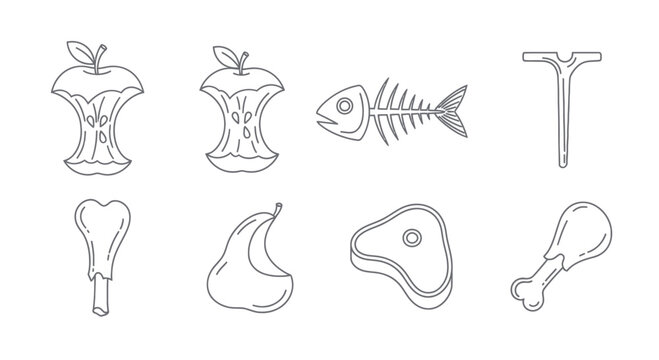 Food Waste Icons: Apple Core, Pear, Fishbone, Meat, Bone, Chicken Leg