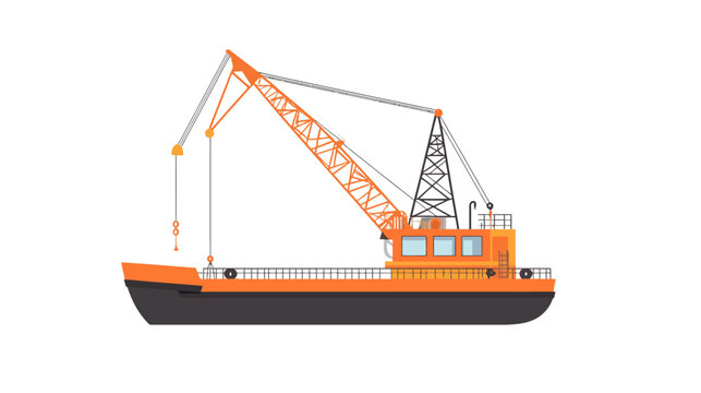 Red cargo barge with towering metal crane, dark hull, orange deck, visible windows, hanging chains, and intricate geometric patterns