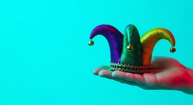 hand holding a small Mardi Gras jester hat