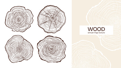 Tree trunk ring set. Luxury wood grain backgrounds. Hand drawn tree ring pattern abstract line art. Concentric circle patterns, organic stump, tree trunk in section textures. Templates stamps posters © neliakott