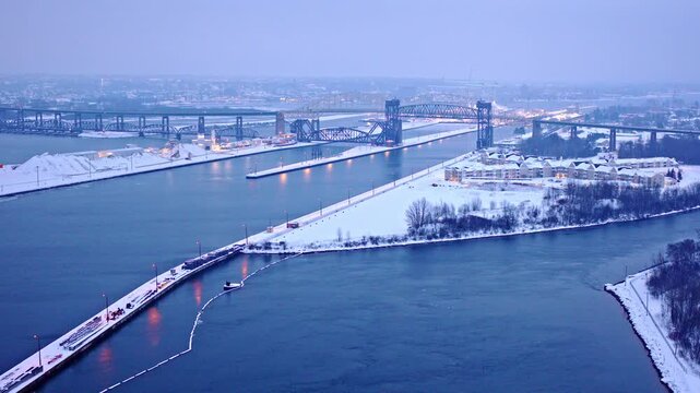 Aerial winter scene near the Soo Locks in Michigan&rsquo;s Upper Peninsula