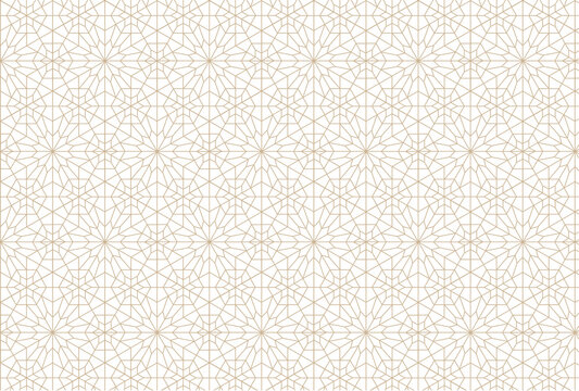 Seamless geometric pattern with thin light brown lines on white background featuring Islamic star motifs, girih art, and traditional Middle Eastern architectural lattice design.