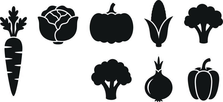 Black and white organic vegetable icon set including carrot cabbage pumpkin corn broccoli onion and bell pepper for healthy food menu design vector illustration.