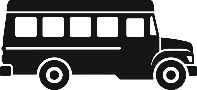 Black and white school bus silhouette vector icon for student transportation education services and back to school design elements isolated on white background.