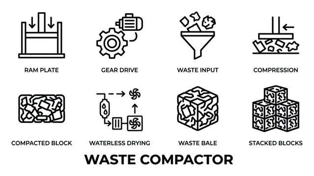 Waste compactor components and process illustration for efficient trash management solid waste.
