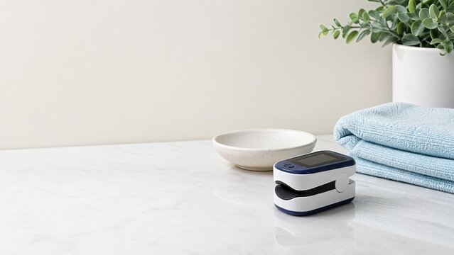 Pulse oximeter on bathroom countertop with towels and plant  