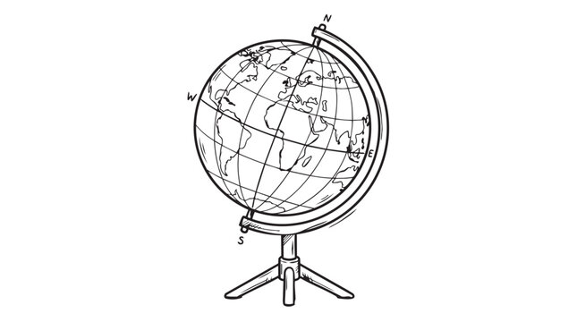 Line drawing of a desktop globe on a stand with continents minimalist latitude