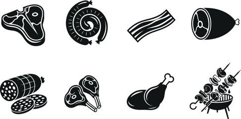 Black silhouette meat product icon set featuring steak, sausage, bacon, ham, salami, lamb chops, chicken leg, and grilled skewers. © ISMOTARA