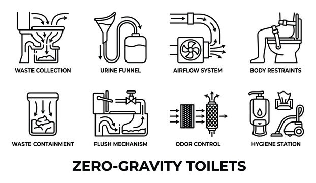 Zero gravity toilet system components, detailing waste collection, airflow, and hygiene station for space travel.