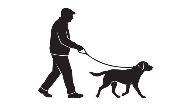 Silhouette of man walking dog on leash with black and white, silhouette