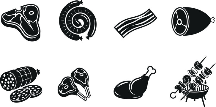 Black silhouette meat product icon set featuring steak, sausage, bacon, ham, salami, lamb chops, chicken leg, and grilled skewers.
