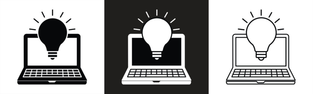 Laptop icon with Light Bulb Symbol for Creativity; laptop icon with light bulb symbol, representing digital innovation, smart ideas, innovation, creativity, digital solutions, and online creative work