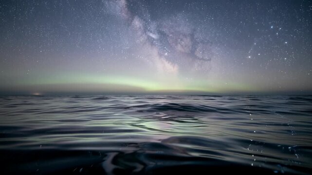 Night sky with Milky Way galaxy over calm ocean water under stars.