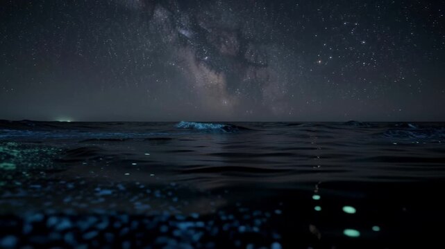 Night sky with glowing bioluminescent waves on ocean water under stars.