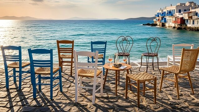Colorful chairs on a seaside promenade.