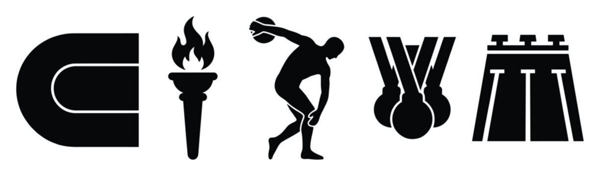 Athletic event symbols including running track torch discus thrower medals and stadium architecture
