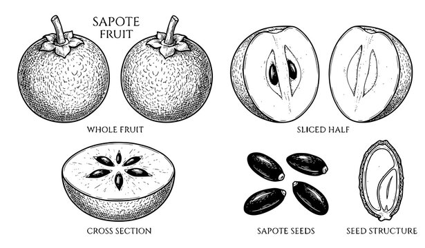 Black and white sapote fruit outline vector illustration collection isolated on white