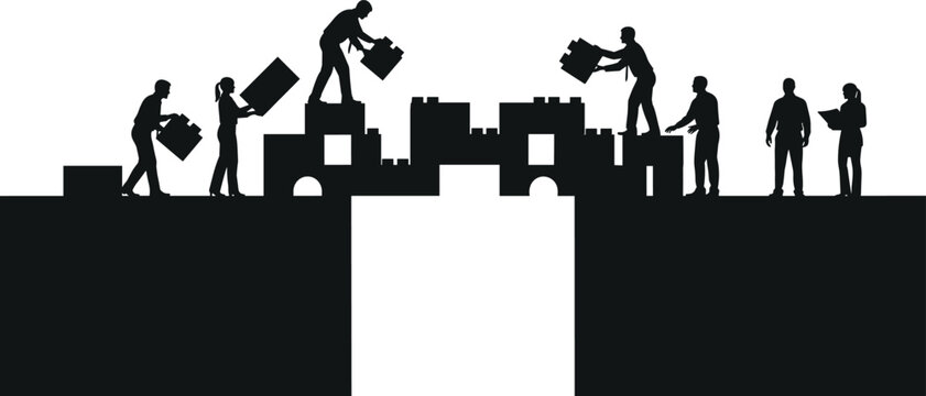 Business team silhouettes building a bridge with blocks to connect a gap for teamwork, cooperation, and partnership success concept.
