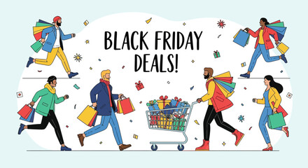 Fototapeta premium Black Friday Deals Illustration of Shoppers Running with Bags