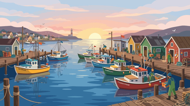 Colorful fishing boats docked in a vibrant harbor at sunset.