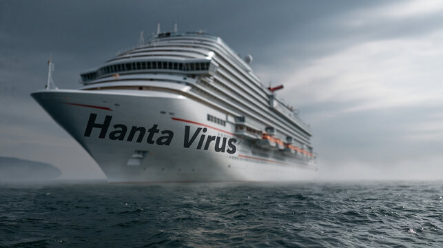 Cruise Ship Stricken by the Hanta Virus: A imposing cruise ship with the ominous words Hanta Virus emblazoned on its side sails uncertainly through choppy waters.