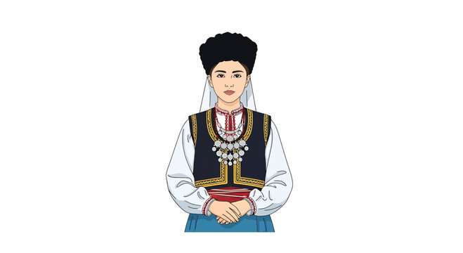 Woman in Bulgarian traditional folk costume with silver jewelry