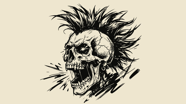 Punk Rock Screaming Skull with Mohawk Vector Illustration