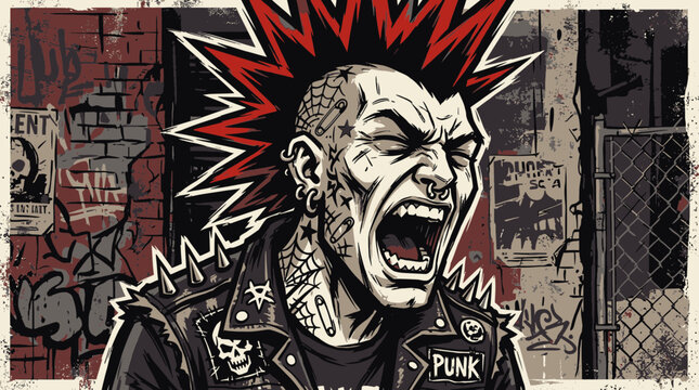 Shouting Punk Rocker with Red Mohawk and Studded Leather Jacket Vector