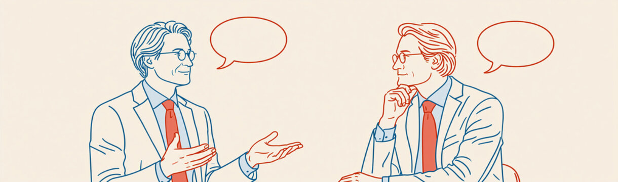 Business Dialogue: An illustration capturing a business discussion between two professionals, each with thought bubbles, poised in a moment of communication and contemplation.