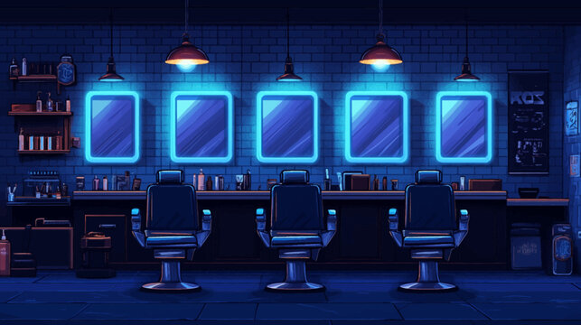 Dim neon-lit barber shop with blue trims, three vintage chairs and mirrors glow