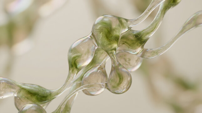 3D Abstract Organic Liquid Molecules with Green Fluid - Macro Scientific Background for Biotechnology, Skincare, and Medical Research