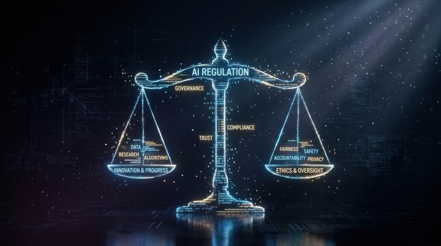The visual displays a scale balancing elements of AI regulation like trust, compliance, and ethics along with data and research concepts.