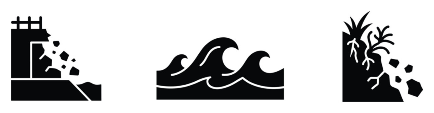 Icons showing structural erosion, powerful ocean waves, and a dangerous landslide warning.