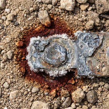 Close-Up Macro Lens View Of An Old Rusty Bolt Encrusted With White Salt Crystals In Dry Soil