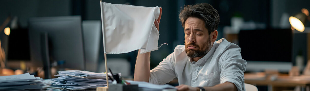 Business Struggle: A man, weary and overwhelmed, surrenders to the pressures of his work environment, raising a white flag as a symbol of defeat or burnout.