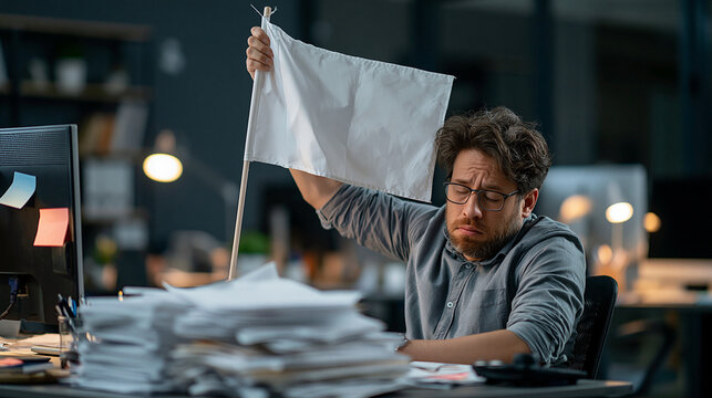 Yielding to Overwhelm: A man in a disheveled state, signaling defeat with a white flag amidst a cluttered office setting, the image captures a moment of exhaustion and surrender.