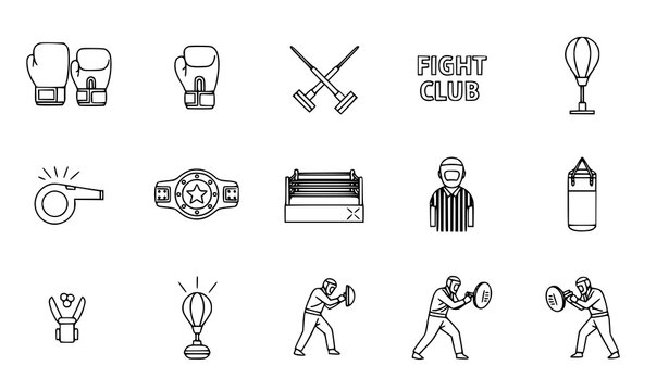 Boxing and martial arts icon set linear design for sports fitness and competition graphics