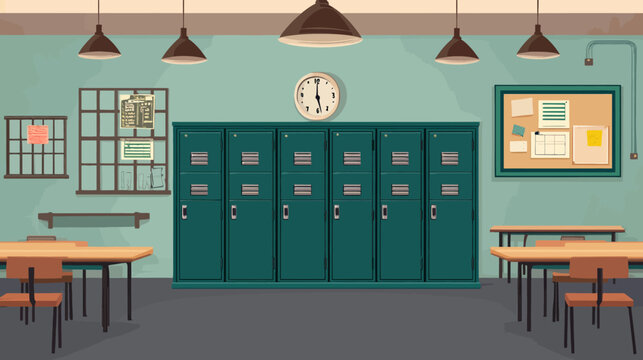 Neat classroom with teal lockers, wood desks, soft lights, and a round clock overhead