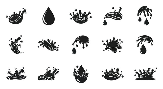 Water Droplets and Splashes Icons - Set of Liquid Elements