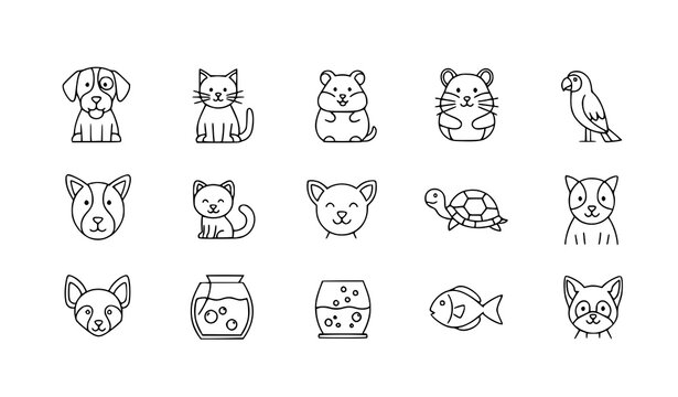 Cute animal icons set with line drawings of pets and wildlife