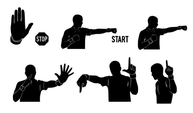 Referee hand signals collection stop start foul out of bounds and pointing gestures in silhouette