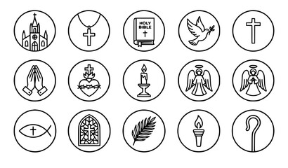 Minimal Christianity line art icon collection with religious faith church