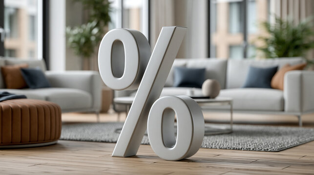 Percentage in the living room: A large percentage symbol stands prominently on a wooden floor in a contemporary living room, with a blurred background of modern furniture.