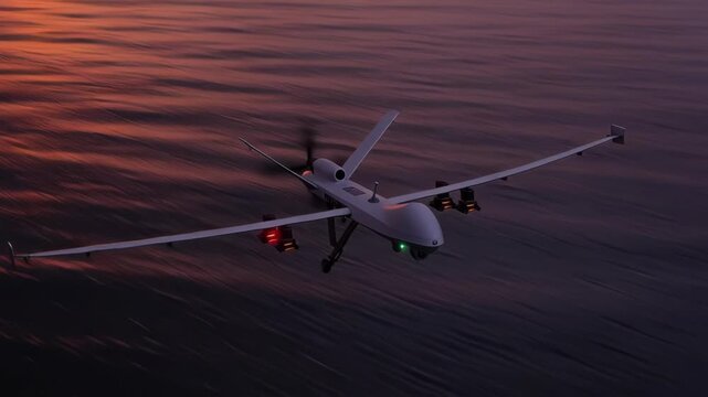 Unmanned drone flying over calm water during sunset with soft pink and purple sky.