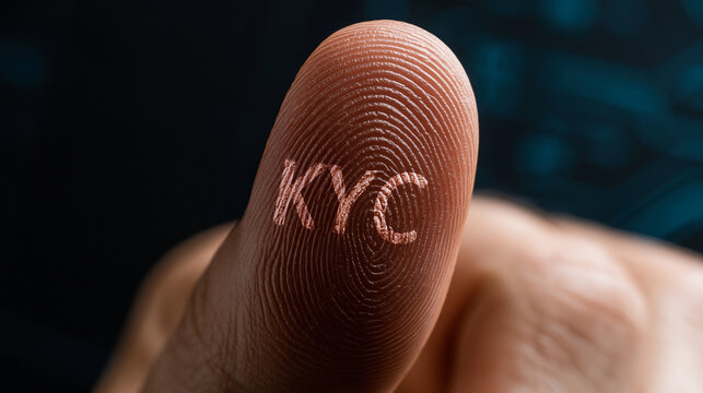 KYC Verification: A close-up shot of a human finger bearing the letters KYC, symbolizing identity verification and the digital age. This image evokes concepts of security, compliance, and trust.