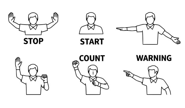 Referee hand signals illustration stop start count warning and directional gestures for sports officiating