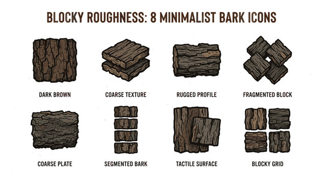 Blocky roughness bark textures in 8 minimalist icons with dark brown rugged natural surfaces.